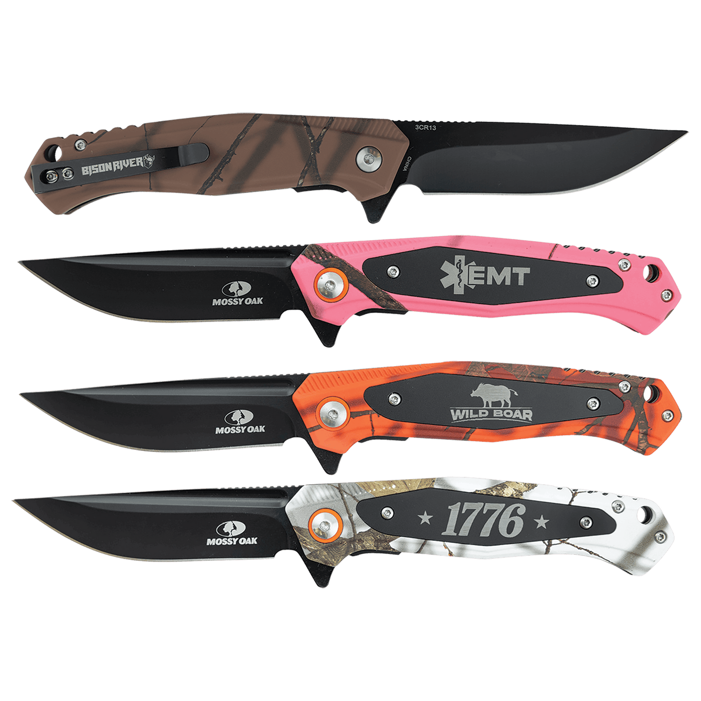 Bison River Custom Engraved 4 1/2" Mossy Oak Camo Knife